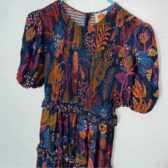 Farm Rio Short-Sleeve Crew-Neck Tiered A-Line Maxi Dress floral leaf pattern S - Picture 8 of 16